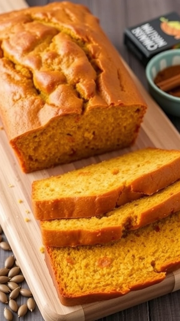 Sliced low carb pumpkin bread on a wooden board with pumpkin seeds and cinnamon.